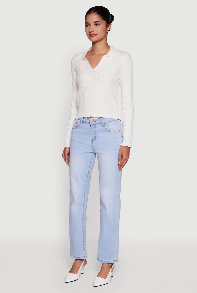 Womens Long Sleeve Cable Knit Polo Sweater, White, Size XL