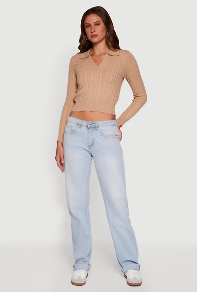 Womens Long Sleeve Cable Knit Polo Sweater, Beige, Size XL