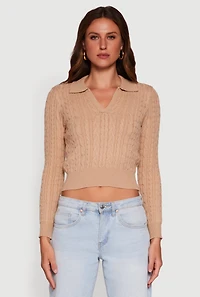 Womens Long Sleeve Cable Knit Polo Sweater, Beige, Size XL
