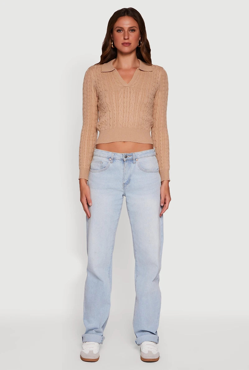 Womens Long Sleeve Cable Knit Polo Sweater, Beige, Size XL