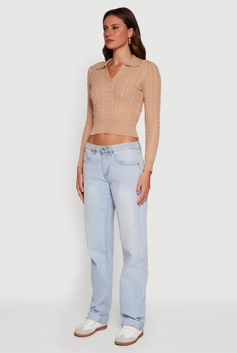 Womens Long Sleeve Cable Knit Polo Sweater, Beige, Size XL