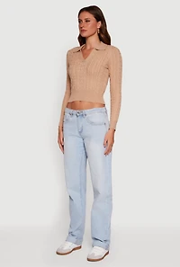 Womens Long Sleeve Cable Knit Polo Sweater, Beige, Size XL