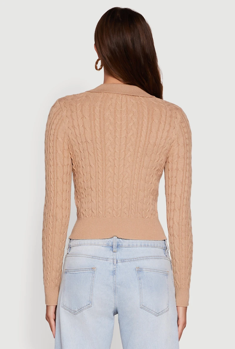 Womens Long Sleeve Cable Knit Polo Sweater, Beige, Size XL