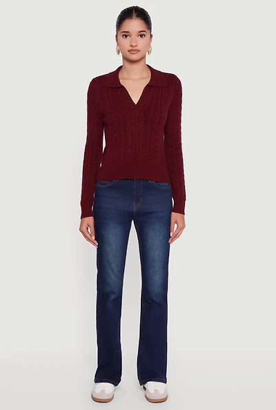 Womens Long Sleeve Cable Knit Polo Sweater,