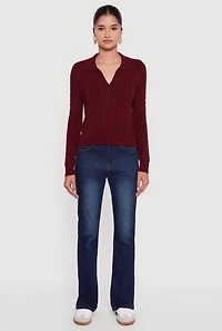 Womens Long Sleeve Cable Knit Polo Sweater,
