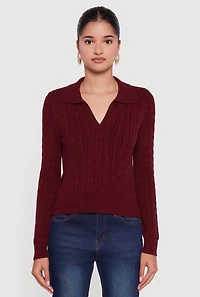Womens Long Sleeve Cable Knit Polo Sweater, Burgundy, Size M