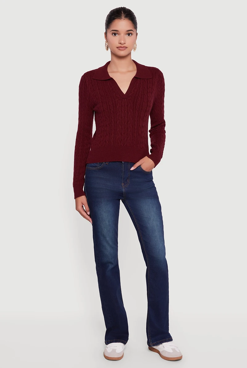Womens Long Sleeve Cable Knit Polo Sweater,