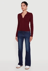 Womens Long Sleeve Cable Knit Polo Sweater, Burgundy, Size M