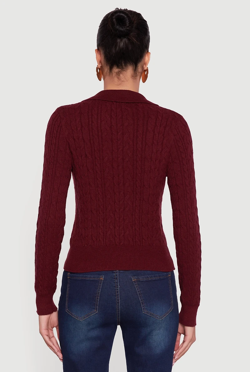 Womens Long Sleeve Cable Knit Polo Sweater,