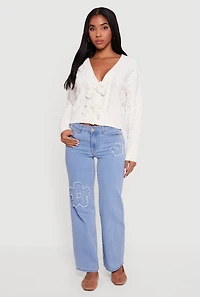 Chenille Cable Knit Long Sleeve Cardigan with Bows