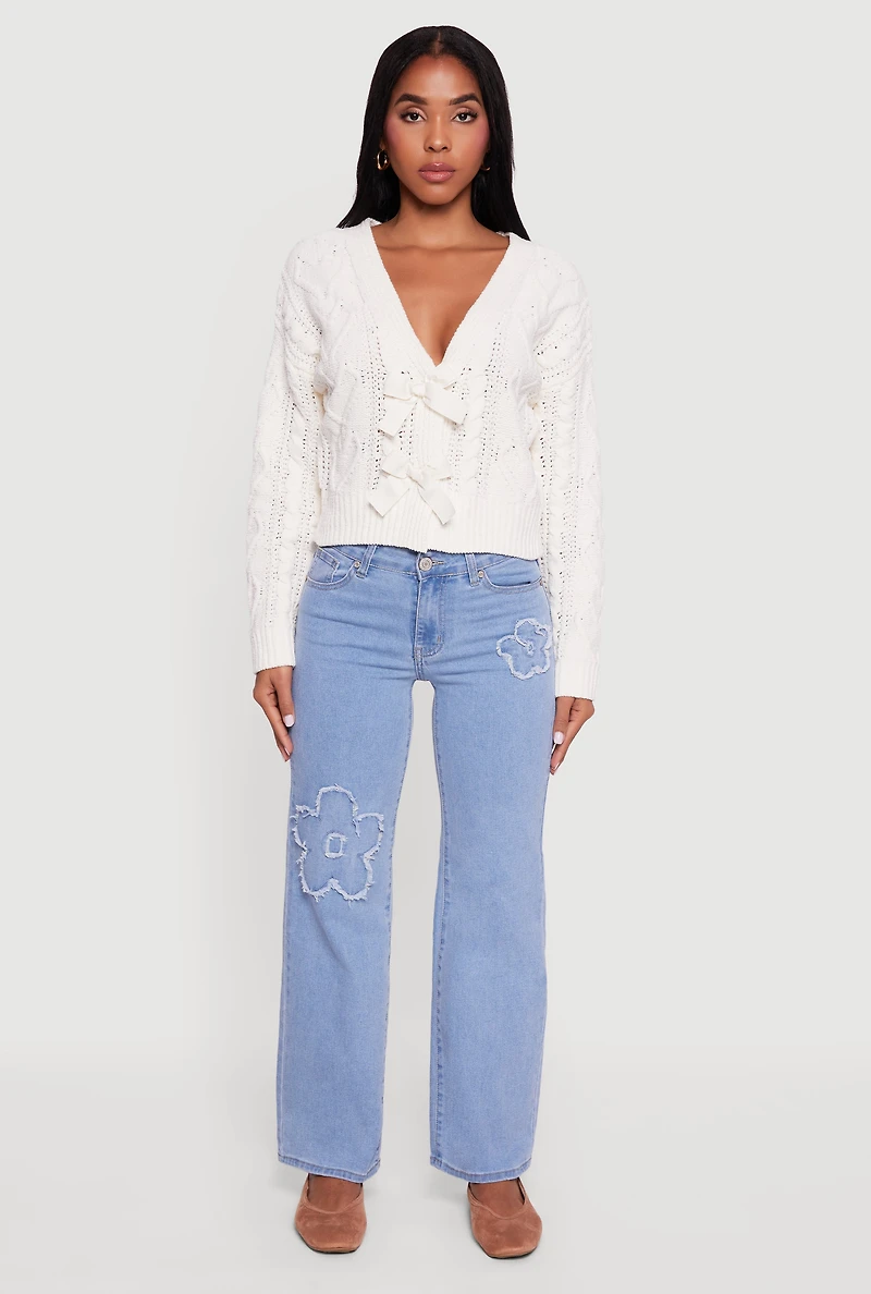 Womens Chenille Cable Knit Long Sleeve Cardigan with Bows, White, Size L