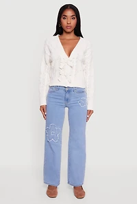 Womens Chenille Cable Knit Long Sleeve Cardigan with Bows, White, Size L