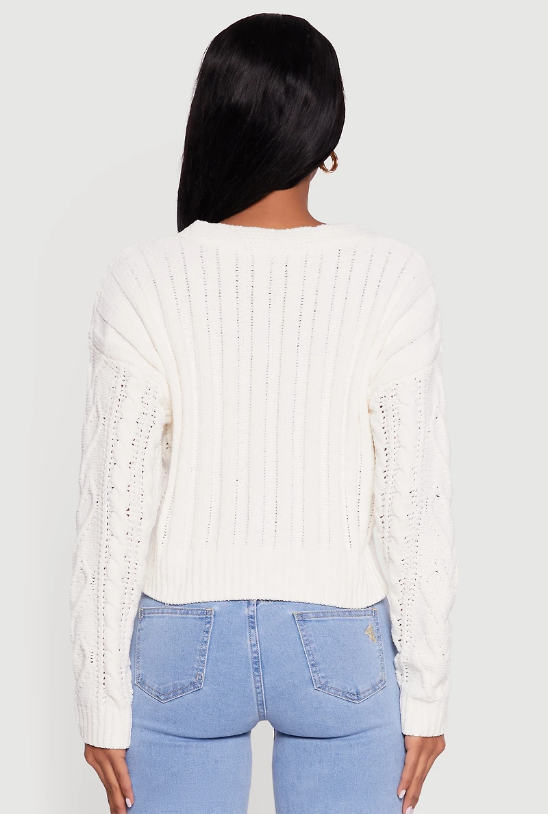 Chenille Cable Knit Long Sleeve Cardigan with Bows