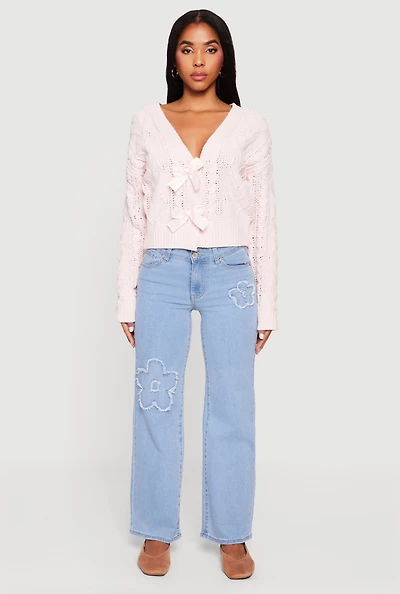 Chenille Cable Knit Long Sleeve Cardigan with Bows