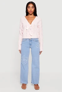 Chenille Cable Knit Long Sleeve Cardigan with Bows