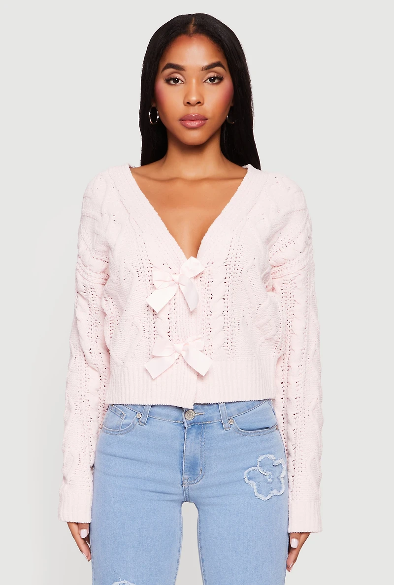 Chenille Cable Knit Long Sleeve Cardigan with Bows