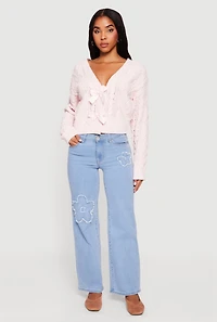 Chenille Cable Knit Long Sleeve Cardigan with Bows