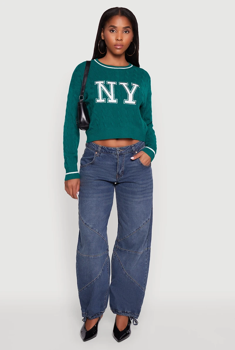 Womens Cropped Cable Knit New York Patch Graphic Sweater, Green,