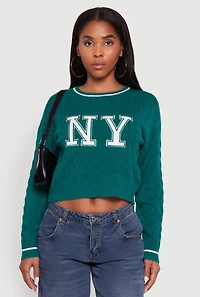 Womens Cropped Cable Knit New York Patch Graphic Sweater, Green,