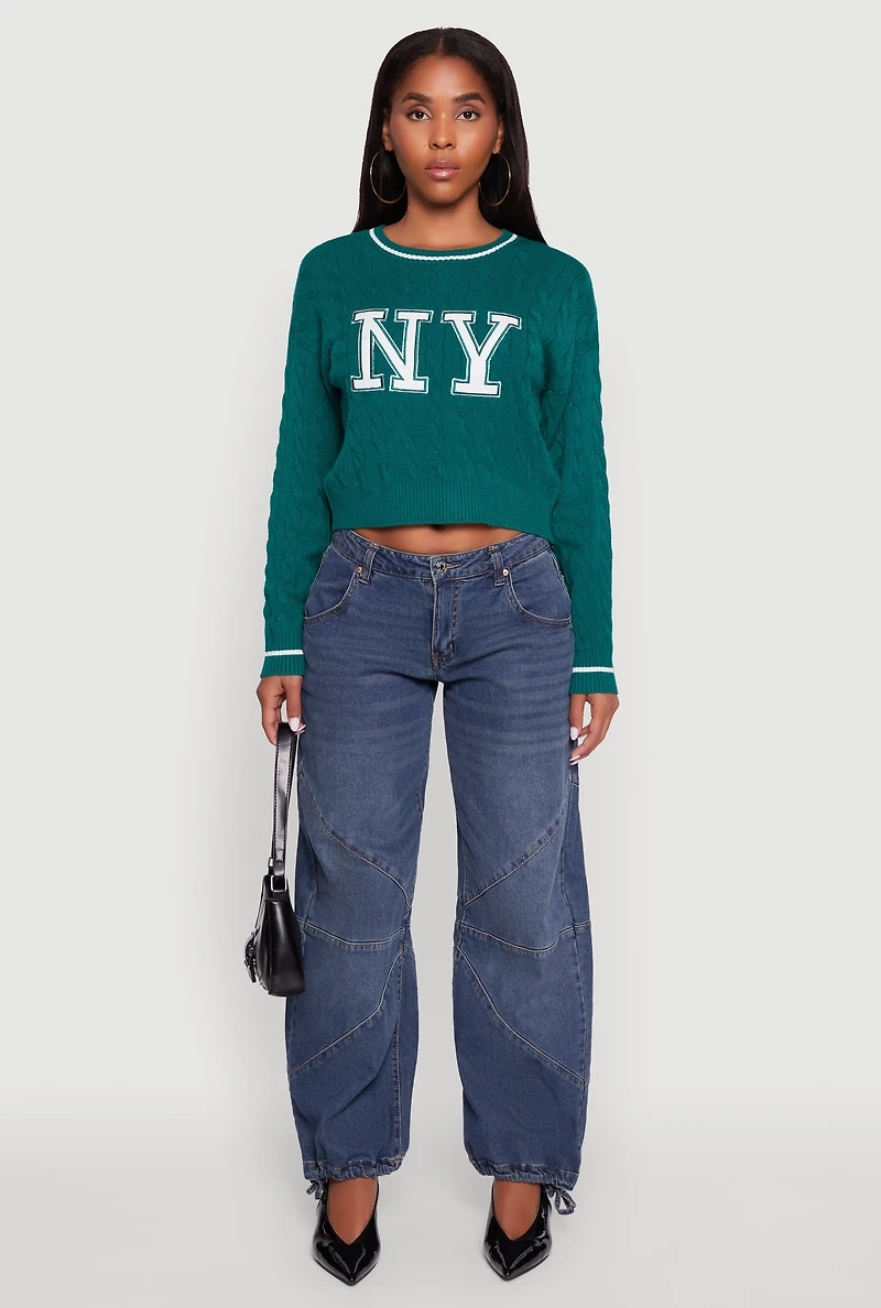 Womens Cropped Cable Knit New York Patch Graphic Sweater, Green,
