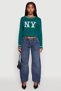 Womens Cropped Cable Knit New York Patch Graphic Sweater, Green, Size M