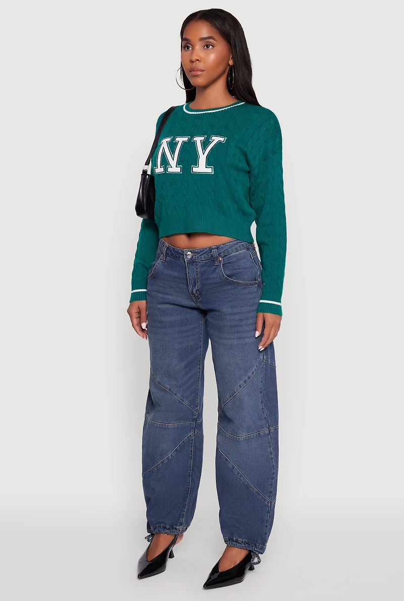 Womens Cropped Cable Knit New York Patch Graphic Sweater, Green,