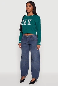 Womens Cropped Cable Knit New York Patch Graphic Sweater, Green,
