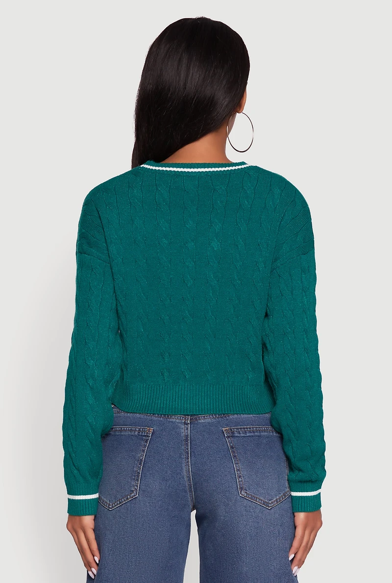 Womens Cropped Cable Knit New York Patch Graphic Sweater, Green,