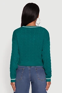 Womens Cropped Cable Knit New York Patch Graphic Sweater, Green,