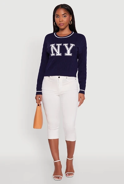Womens Cropped Cable Knit New York Patch Graphic Sweater, Blue, Size S
