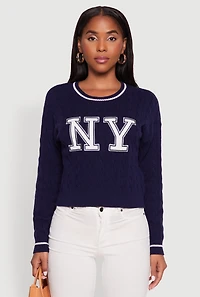 Womens Cropped Cable Knit New York Patch Graphic Sweater, Blue, Size S