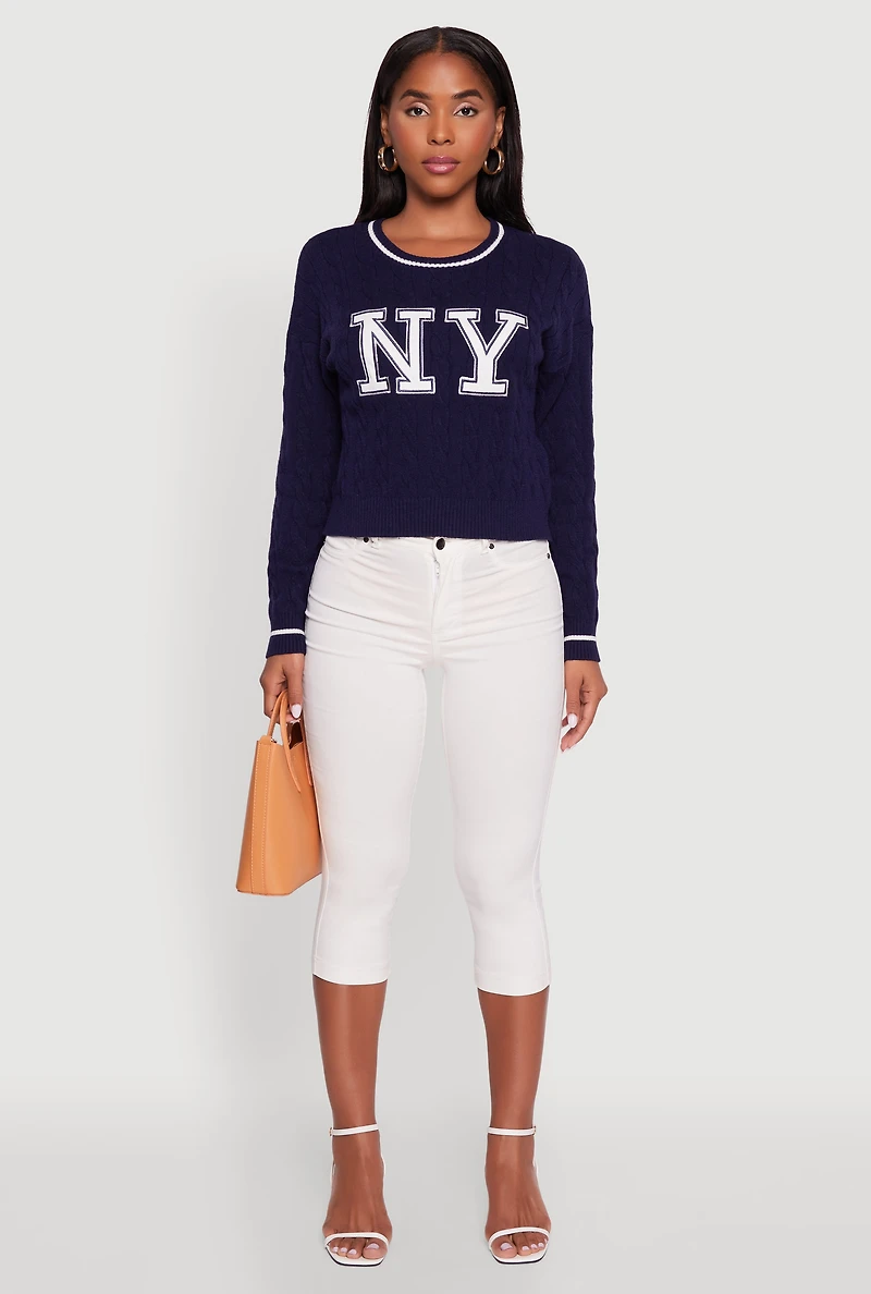 Womens Cropped Cable Knit New York Patch Graphic Sweater, Blue, Size S