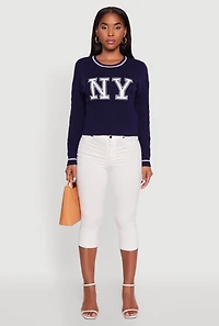 Womens Cropped Cable Knit New York Patch Graphic Sweater, Blue, Size S