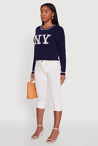 Womens Cropped Cable Knit New York Patch Graphic Sweater, Blue, Size S