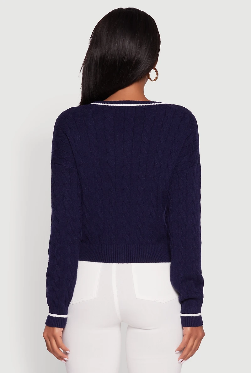 Womens Cropped Cable Knit New York Patch Graphic Sweater, Blue, Size S