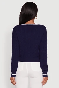 Womens Cropped Cable Knit New York Patch Graphic Sweater, Blue, Size S