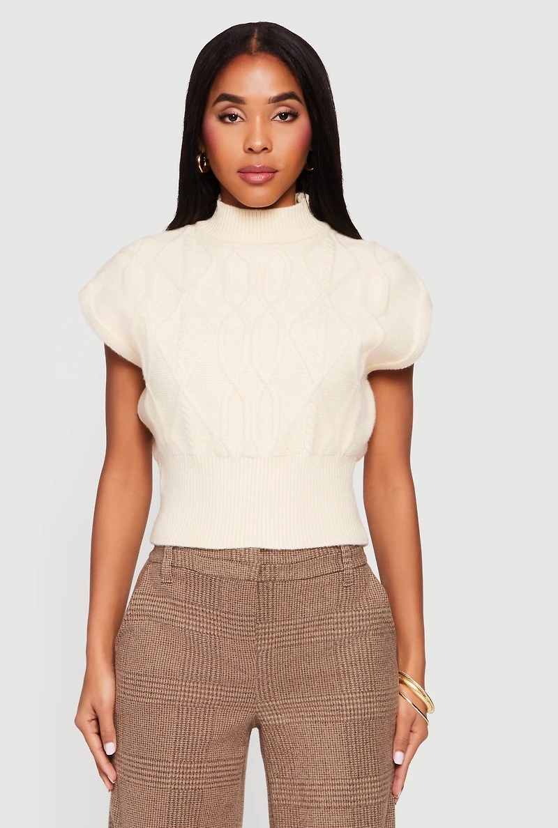 Womens Cable Knit Cap Sleeve Mock Neck Sweater, Beige, Size M