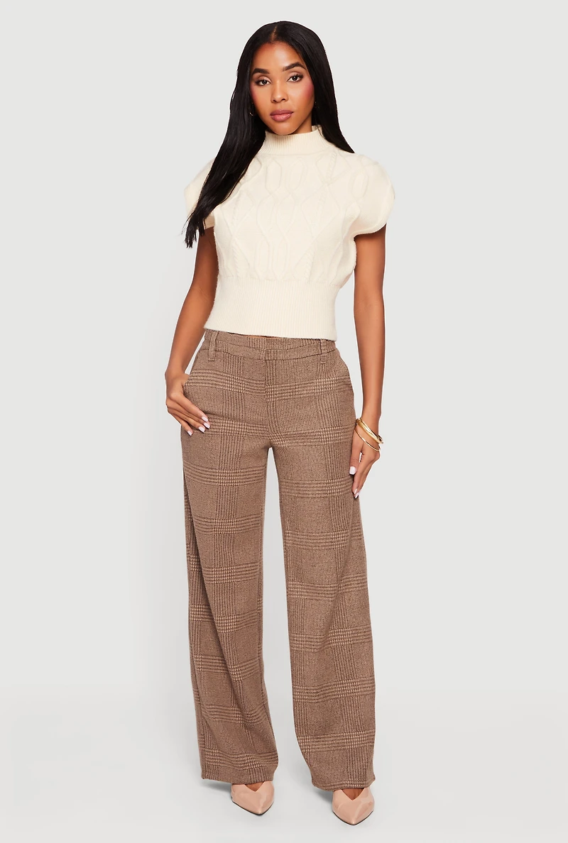 Womens Cable Knit Cap Sleeve Mock Neck Sweater, Beige, Size M