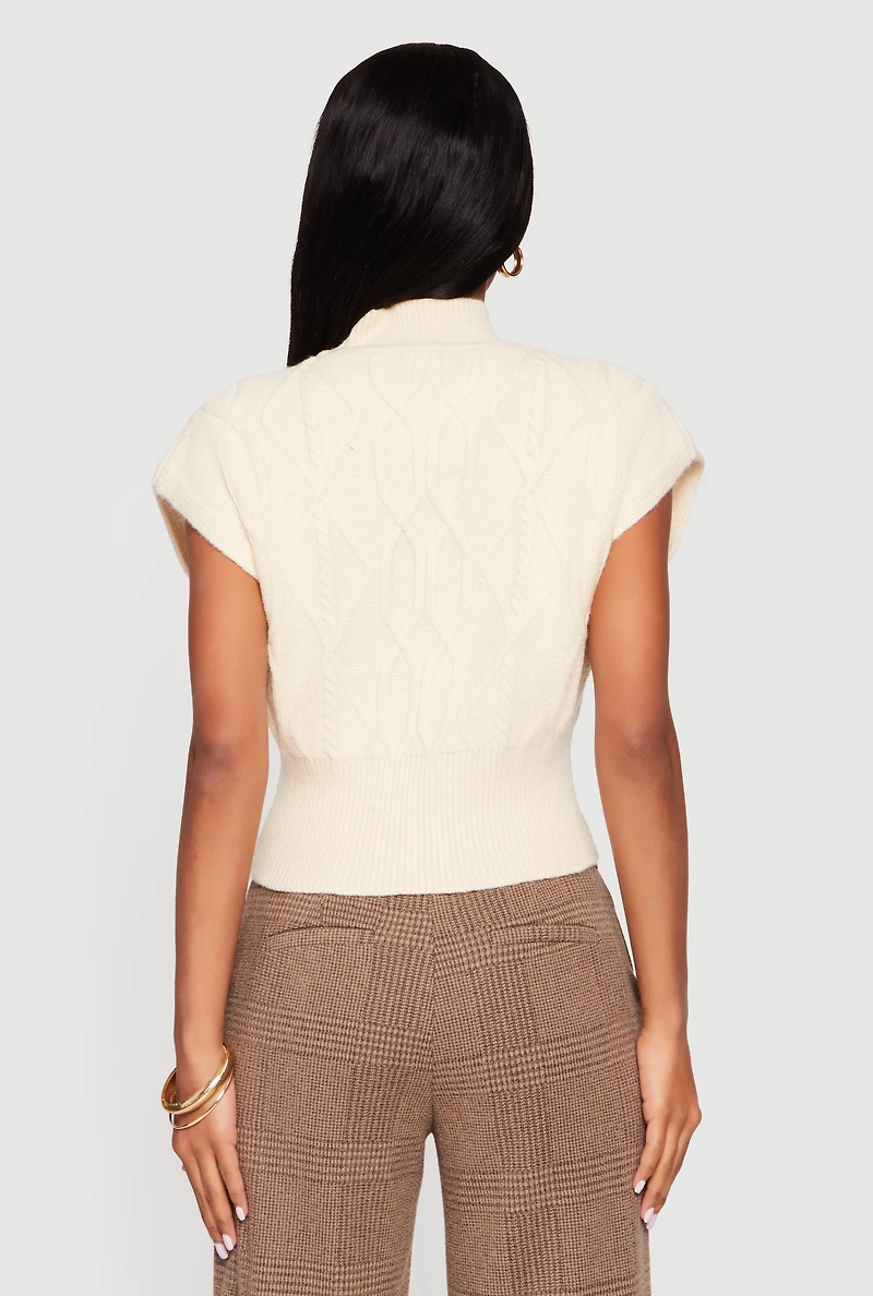 Womens Cable Knit Cap Sleeve Mock Neck Sweater, Beige, Size M