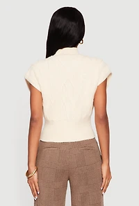 Womens Cable Knit Cap Sleeve Mock Neck Sweater, Beige, Size M