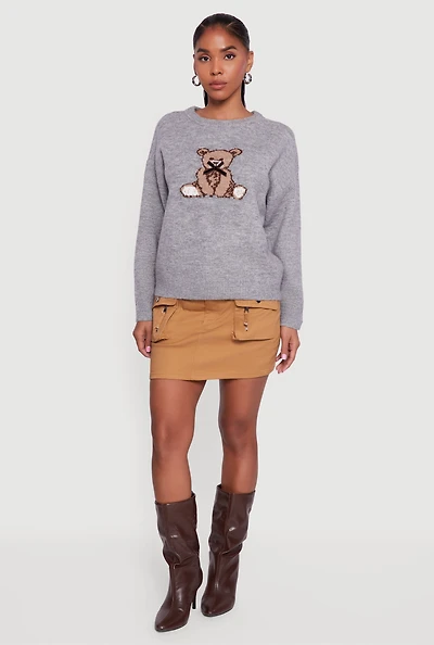 Womens Bear Graphic Long Sleeve Crew Neck Sweater, Grey, Size M