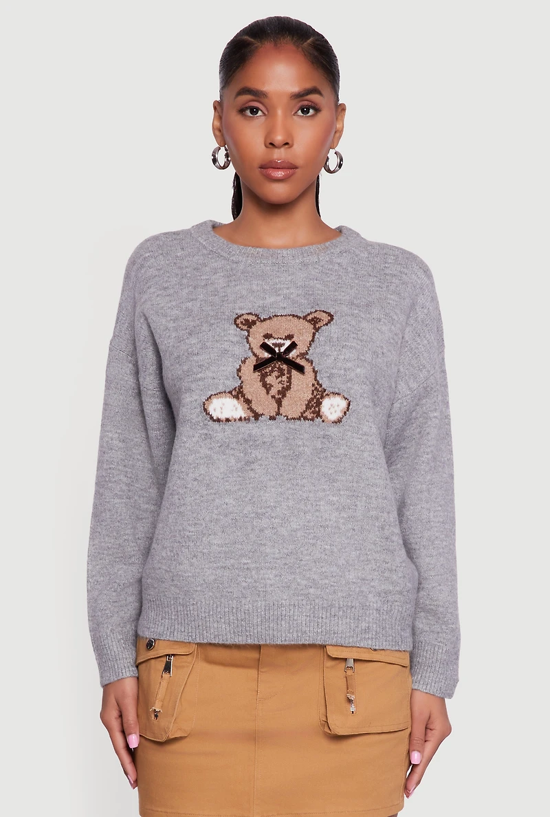 Womens Bear Graphic Long Sleeve Crew Neck Sweater, Grey, Size S