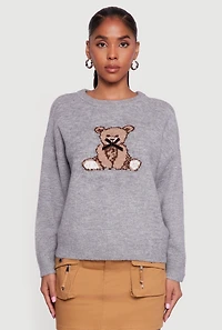 Womens Bear Graphic Long Sleeve Crew Neck Sweater, Grey, Size S