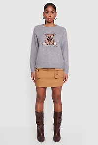 Womens Bear Graphic Long Sleeve Crew Neck Sweater, Grey, Size S