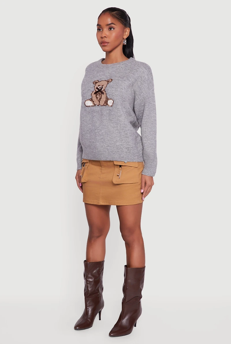 Womens Bear Graphic Long Sleeve Crew Neck Sweater, Grey, Size S