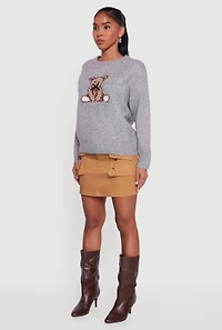 Womens Bear Graphic Long Sleeve Crew Neck Sweater, Grey, Size S