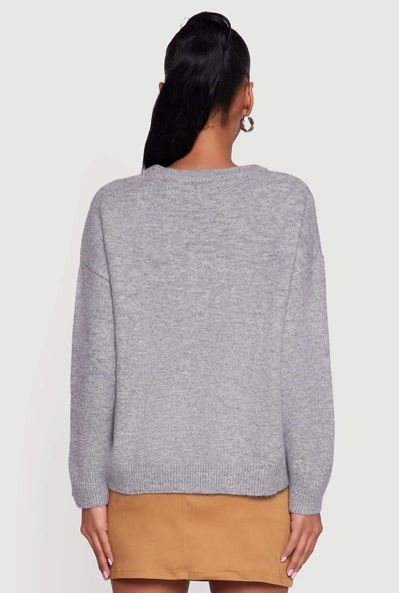 Womens Bear Graphic Long Sleeve Crew Neck Sweater, Grey, Size S