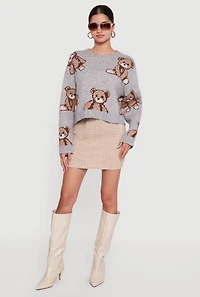Brushed Knit Teddy Bear Print Long Sleeve Crew Neck Sweater