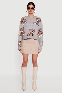 Brushed Knit Teddy Bear Print Long Sleeve Crew Neck Sweater