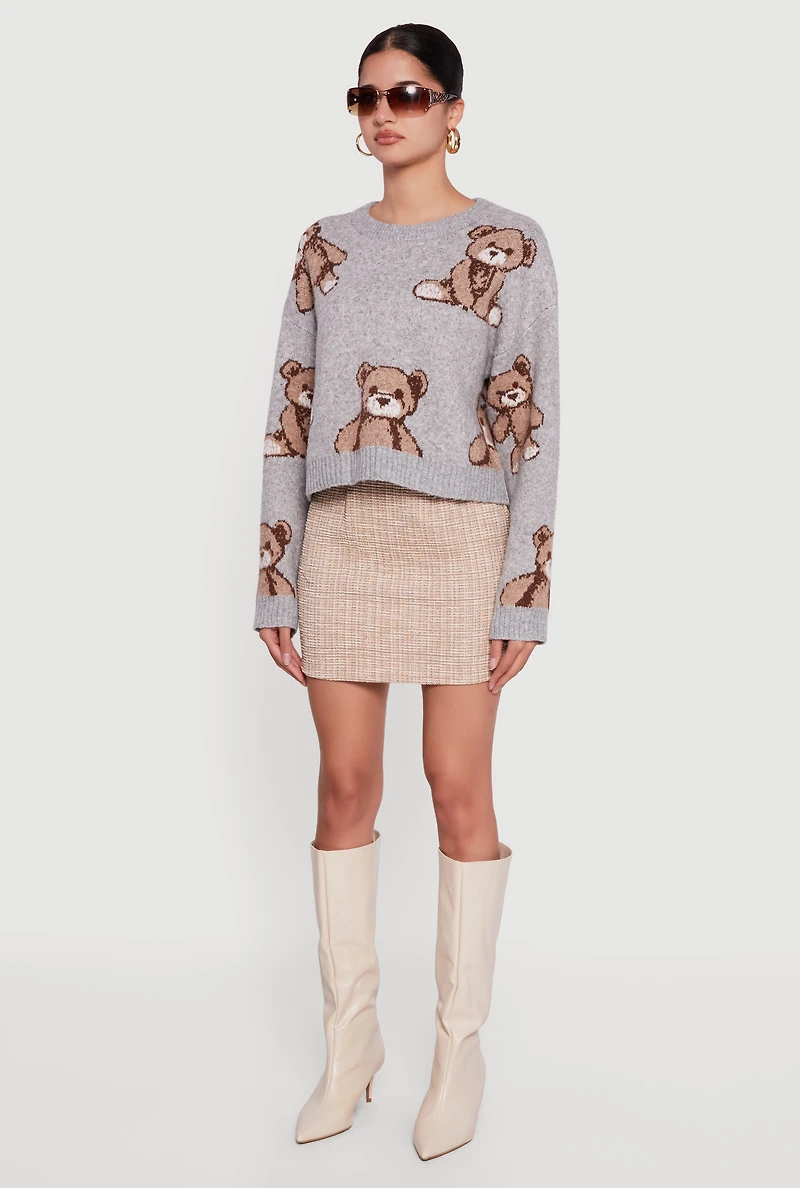 Brushed Knit Teddy Bear Print Long Sleeve Crew Neck Sweater